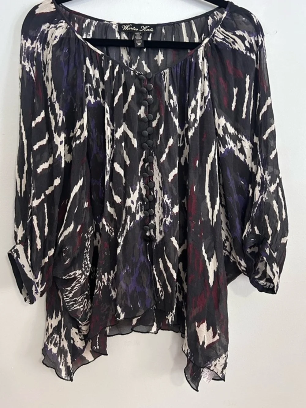Winter Kate Silk Boho Blouse M Sheer Ikat Peasant Festival Top Vintage Silk